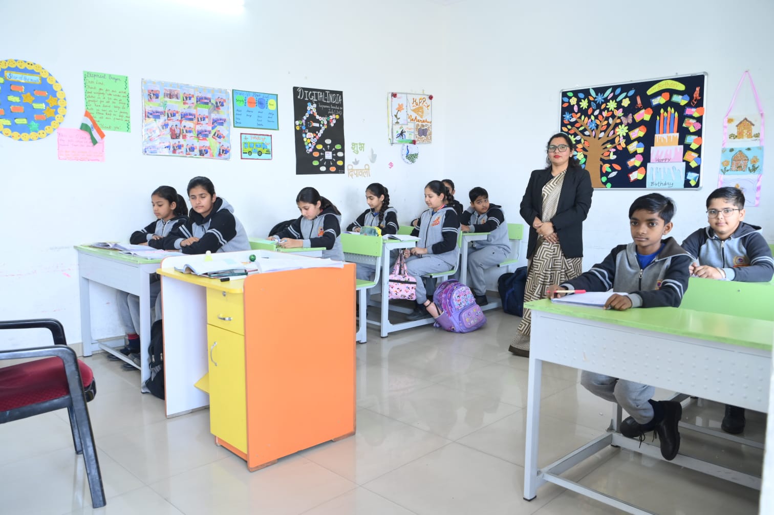 A bright and active classroom.